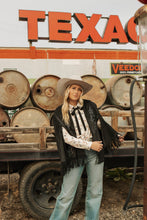 Load image into Gallery viewer, Black EmbroideredStudded Fringe Cape
