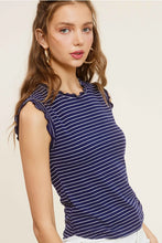 Load image into Gallery viewer, Navy striped stretchy ribbed ruffle tank top
