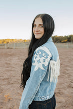 Load image into Gallery viewer, Ivory Pleather Fringe Denim Jacket
