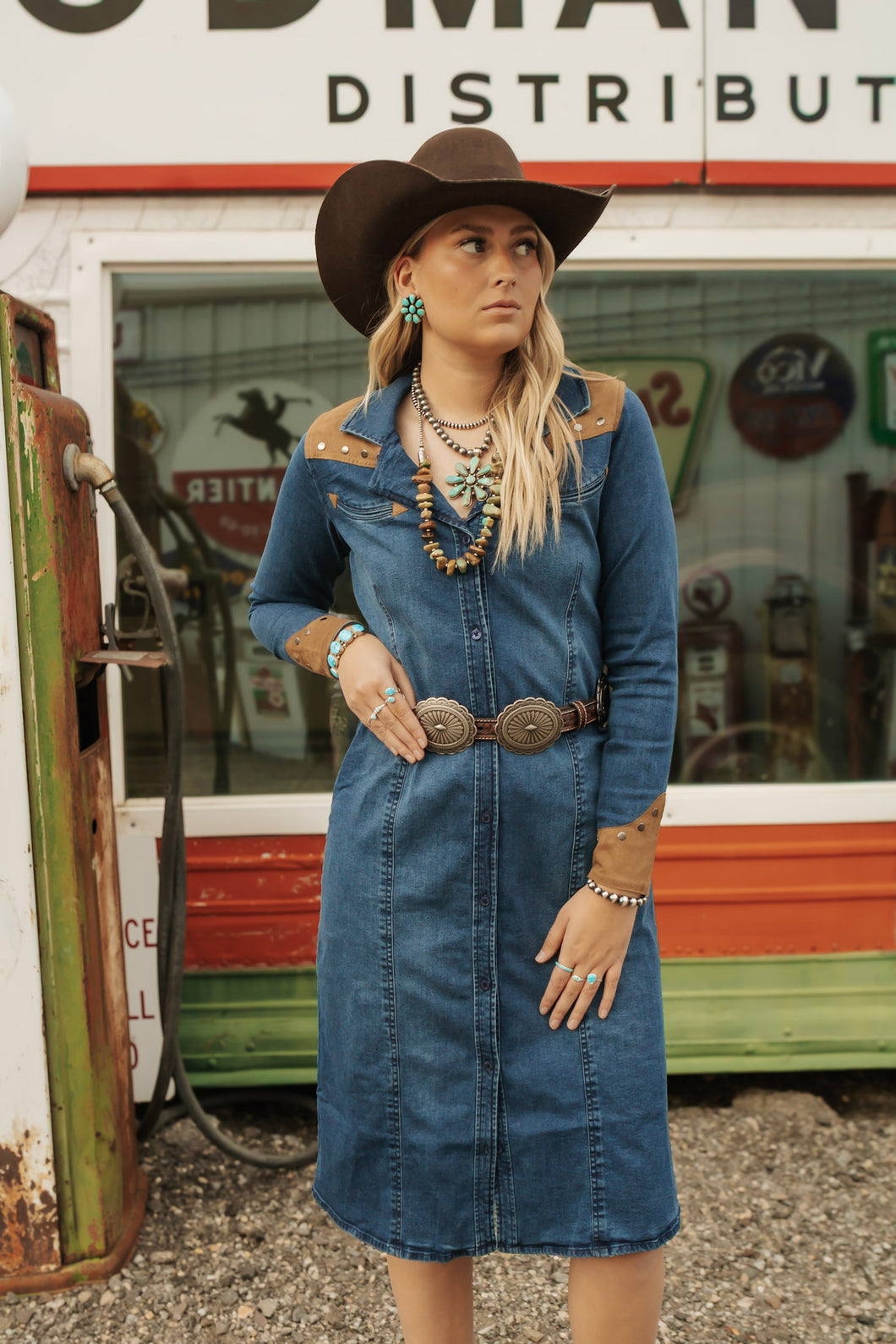 Denim Dress With Suede Yokes