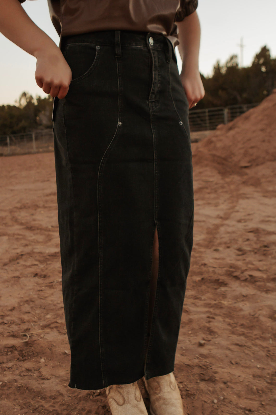 Front Seam black denim maxi skirt