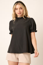 Load image into Gallery viewer, Black Ruffle Mock Neck Short Sleeve Blouse

