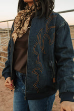 Load image into Gallery viewer, Dark Vintage Denim Embroidered Bomber Jacket
