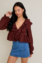 Load image into Gallery viewer, Long Sleeve V-neck Ruffle Detail Crop Blouse
