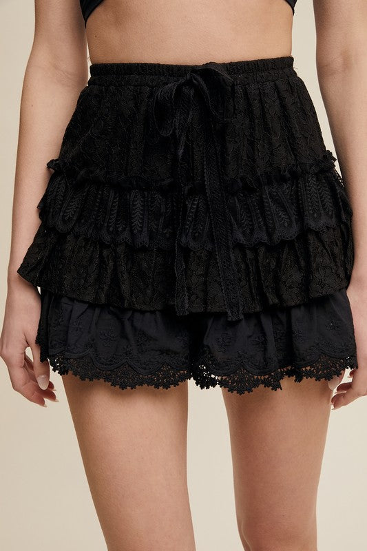 Black Lace Tiered Shorts With Ruffle Details
