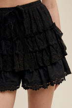 Load image into Gallery viewer, Black Lace Tiered Shorts With Ruffle Details
