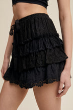 Load image into Gallery viewer, Black Lace Tiered Shorts With Ruffle Details
