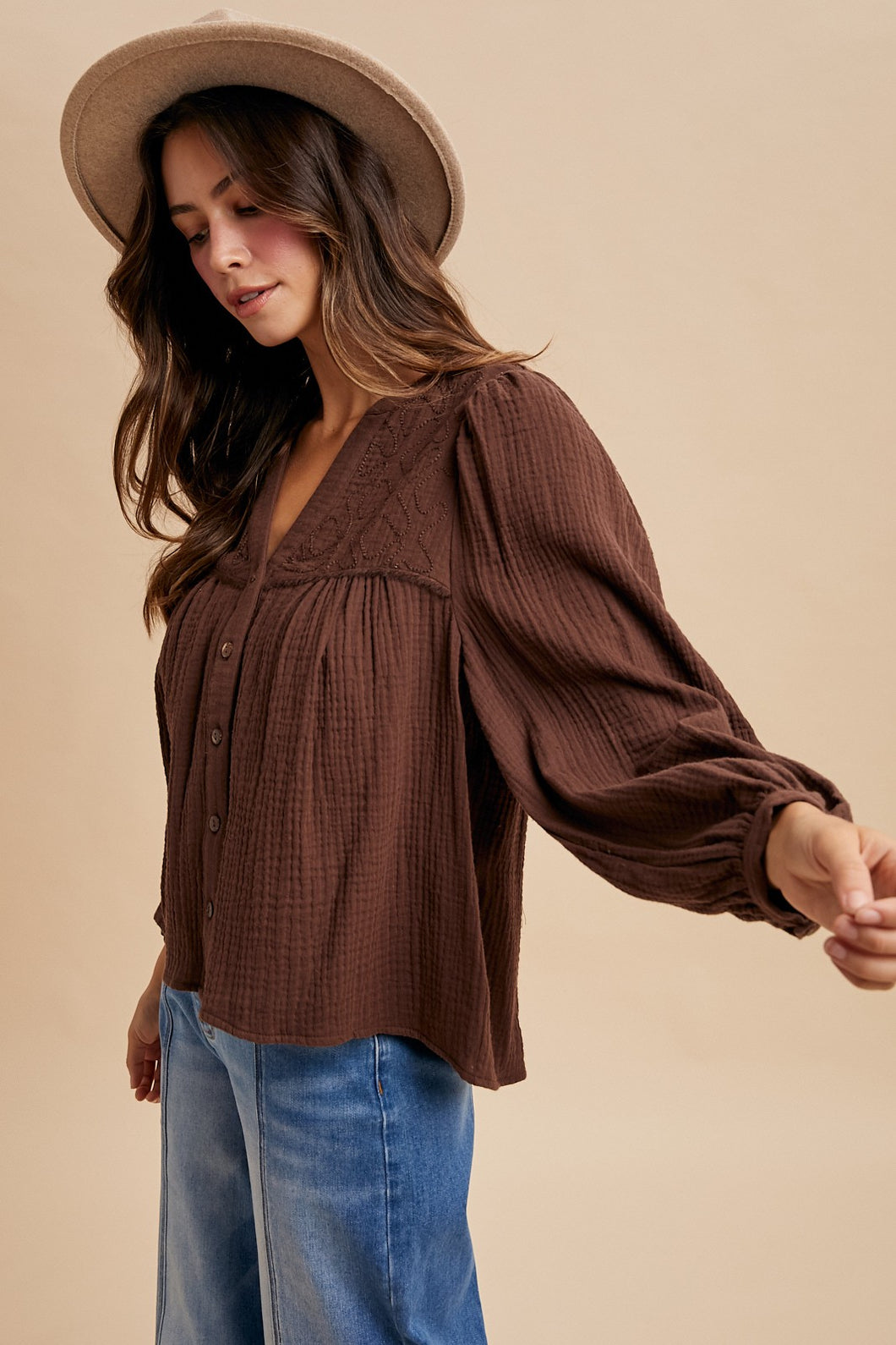 Embroidered Yoke Cotton Gauze Babydoll Blouse