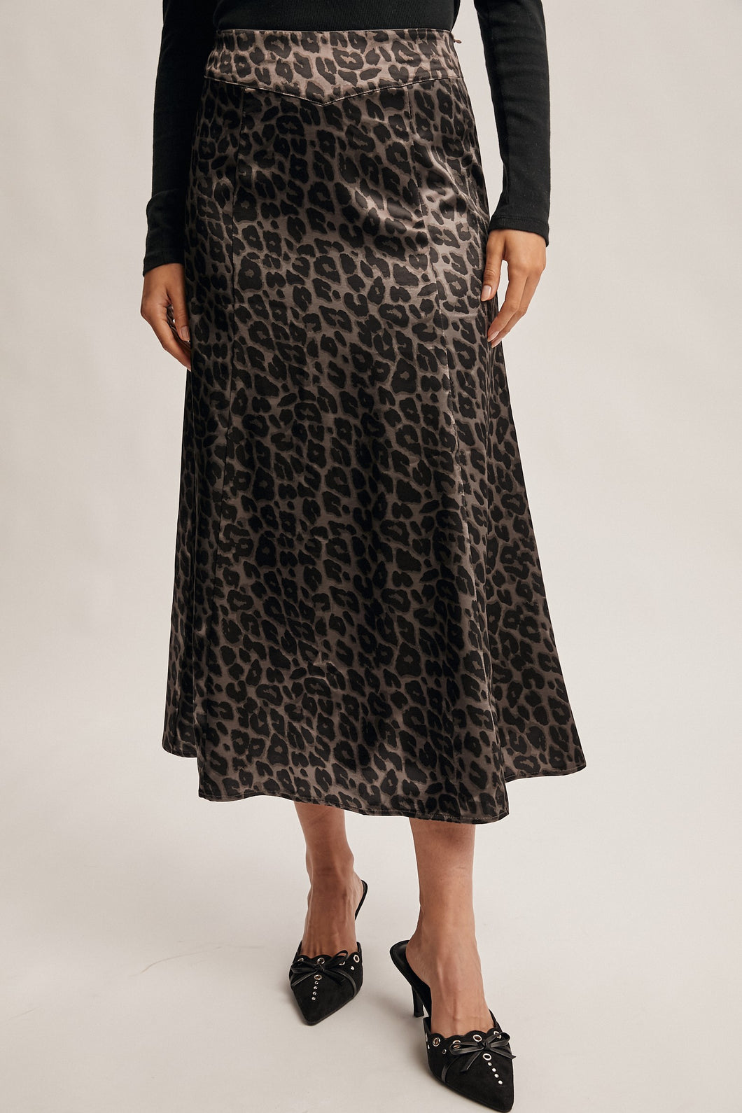 Leopard Print Satin Midi Skirt