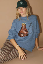 Load image into Gallery viewer, Fishing Bear Graphic Knit Antique Blue Sweater
