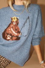 Load image into Gallery viewer, Fishing Bear Graphic Knit Antique Blue Sweater
