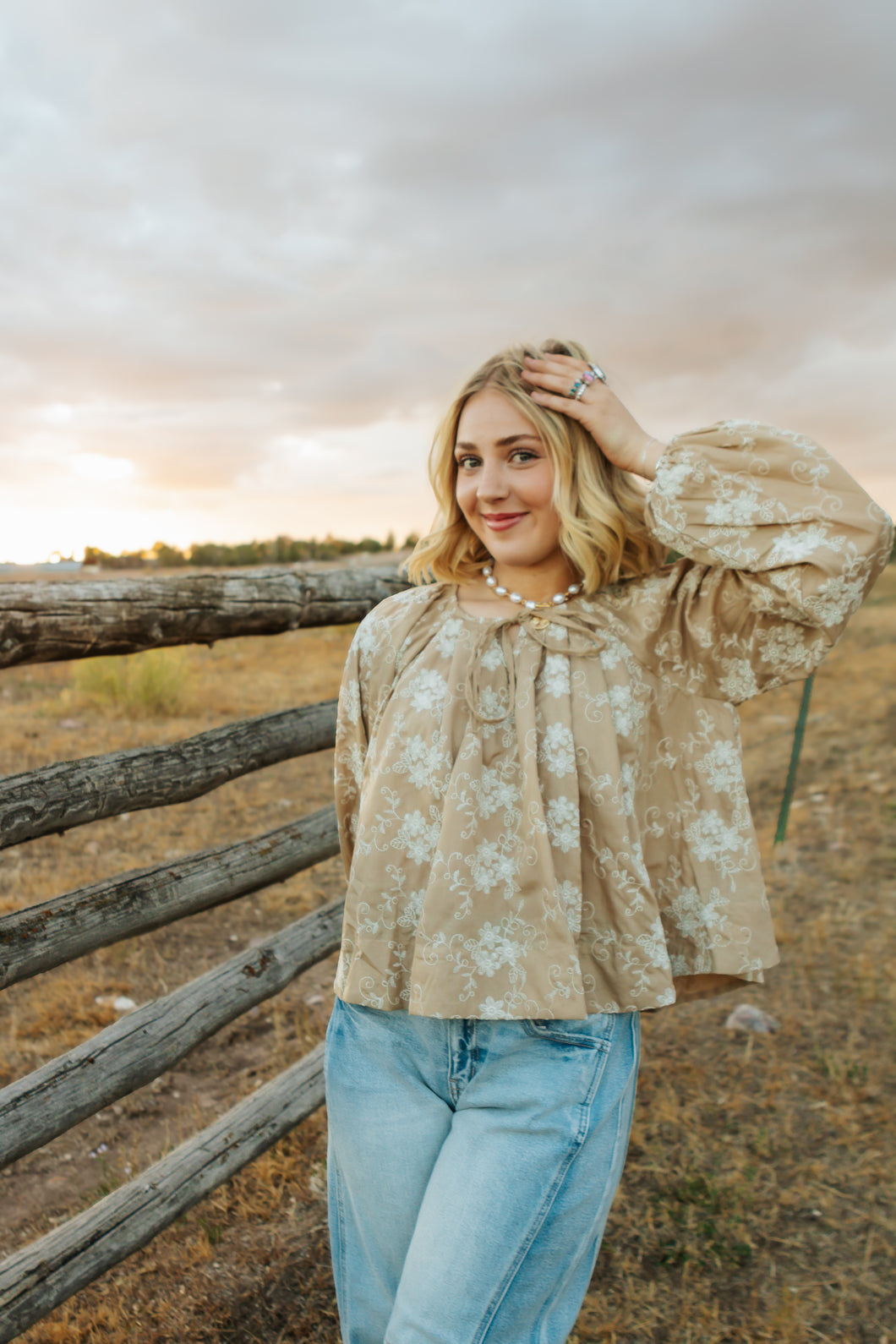 Flower Embroidery Pin Tuck Swing Blouse