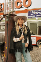 Load image into Gallery viewer, Black EmbroideredStudded Fringe Cape
