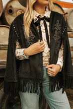 Load image into Gallery viewer, Black EmbroideredStudded Fringe Cape
