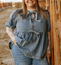 Load image into Gallery viewer, Denim blue bow top
