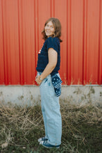 Load image into Gallery viewer, Navy Blue short sleeve flag sweater top
