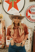 Load image into Gallery viewer, Wrangler Rose Gold Tie Neck Top
