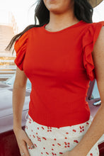 Load image into Gallery viewer, Red Ruffle Sleeve Round Neck Rib Knit Bodysuit
