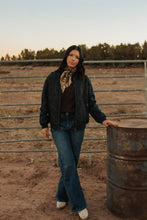 Load image into Gallery viewer, Dark Vintage Denim Embroidered Bomber Jacket
