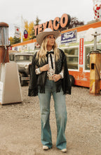 Load image into Gallery viewer, Black EmbroideredStudded Fringe Cape
