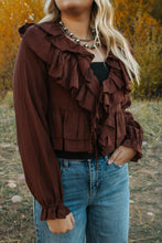 Load image into Gallery viewer, Long Sleeve V-neck Ruffle Detail Crop Blouse
