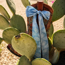 Load image into Gallery viewer, Denim Silk Twilly Scarf w/ White Paisley Pattern
