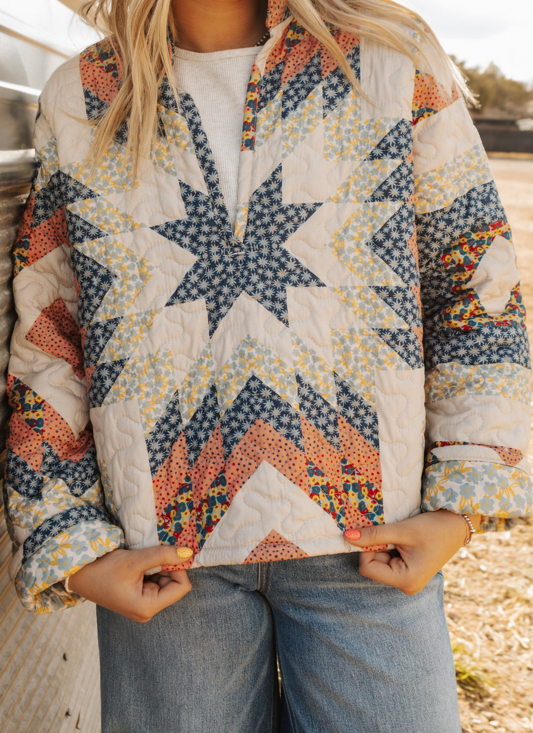The Adeline Patchwork Coral Quilted Pullover