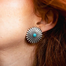 Load image into Gallery viewer, 1.25" Silver Conco Burst Post Earrings w/ Turquoise Accent
