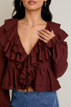 Load image into Gallery viewer, Long Sleeve V-neck Ruffle Detail Crop Blouse

