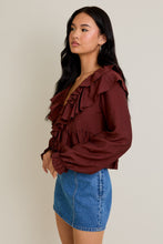 Load image into Gallery viewer, Long Sleeve V-neck Ruffle Detail Crop Blouse

