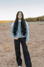 Load image into Gallery viewer, Ivory Pleather Fringe Denim Jacket
