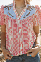Load image into Gallery viewer, Western Embroidered horse Yoke Puff Sleeve Gingham Blouse
