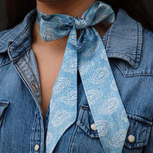 Load image into Gallery viewer, Denim Silk Twilly Scarf w/ White Paisley Pattern
