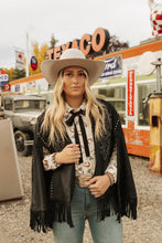 Load image into Gallery viewer, Black EmbroideredStudded Fringe Cape
