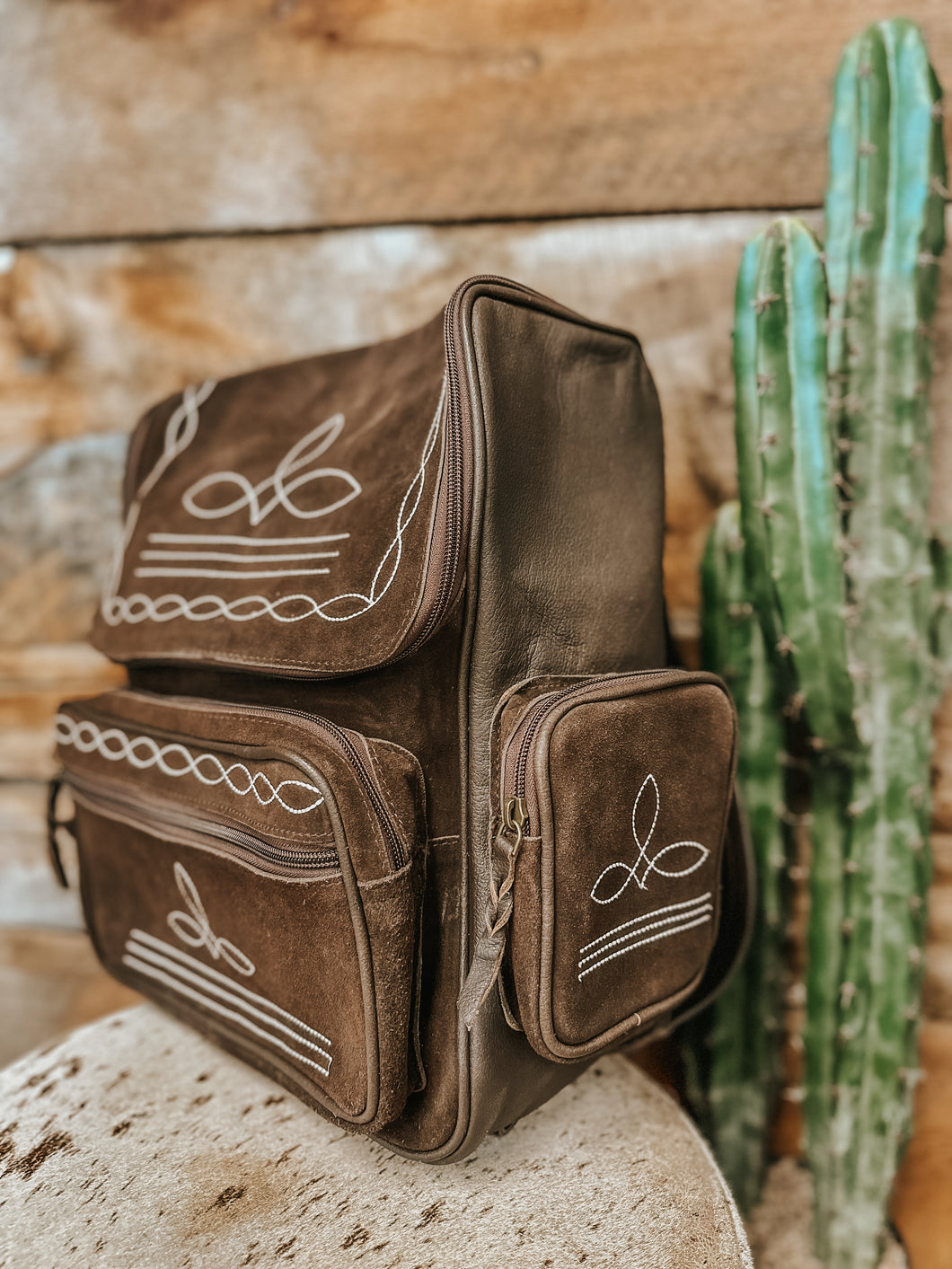 Brown Suede Leather Boot Stitch Backpack