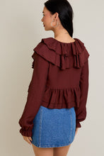 Load image into Gallery viewer, Long Sleeve V-neck Ruffle Detail Crop Blouse
