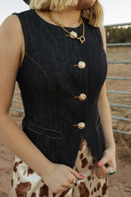 Load image into Gallery viewer, Dark Denim Button Up w Gold Buttons
