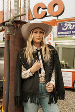 Load image into Gallery viewer, Black EmbroideredStudded Fringe Cape
