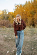 Load image into Gallery viewer, Long Sleeve V-neck Ruffle Detail Crop Blouse
