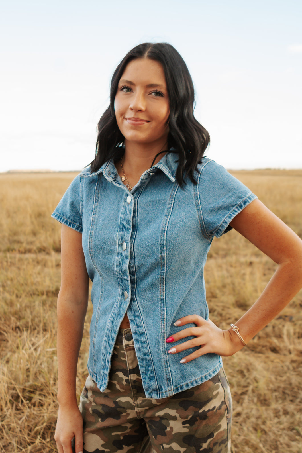 Short Sleeve Denim Front Button Top