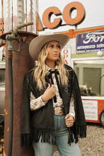 Load image into Gallery viewer, Black EmbroideredStudded Fringe Cape
