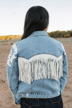 Load image into Gallery viewer, Ivory Pleather Fringe Denim Jacket
