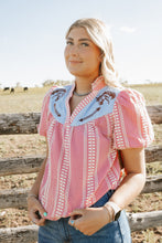 Load image into Gallery viewer, Western Embroidered horse Yoke Puff Sleeve Gingham Blouse
