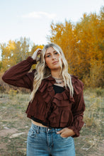 Load image into Gallery viewer, Long Sleeve V-neck Ruffle Detail Crop Blouse
