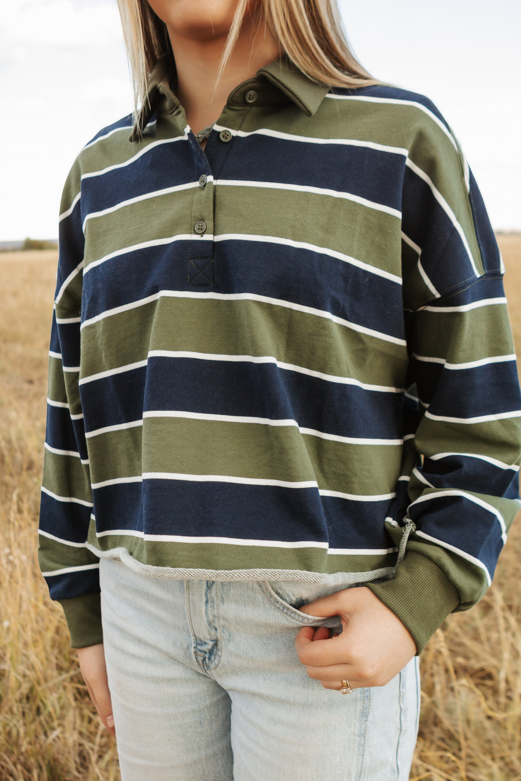 Rugby Polo Top green Stripe With Front Buttons