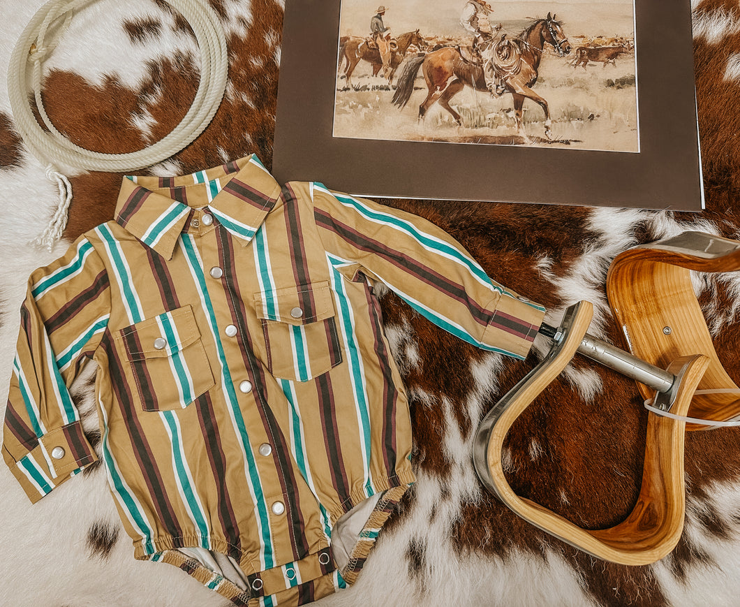 Tan Stripe Pearl Snap