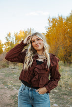 Load image into Gallery viewer, Long Sleeve V-neck Ruffle Detail Crop Blouse
