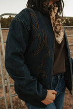 Load image into Gallery viewer, Dark Vintage Denim Embroidered Bomber Jacket
