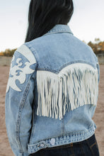 Load image into Gallery viewer, Ivory Pleather Fringe Denim Jacket
