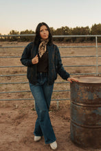 Load image into Gallery viewer, Dark Vintage Denim Embroidered Bomber Jacket
